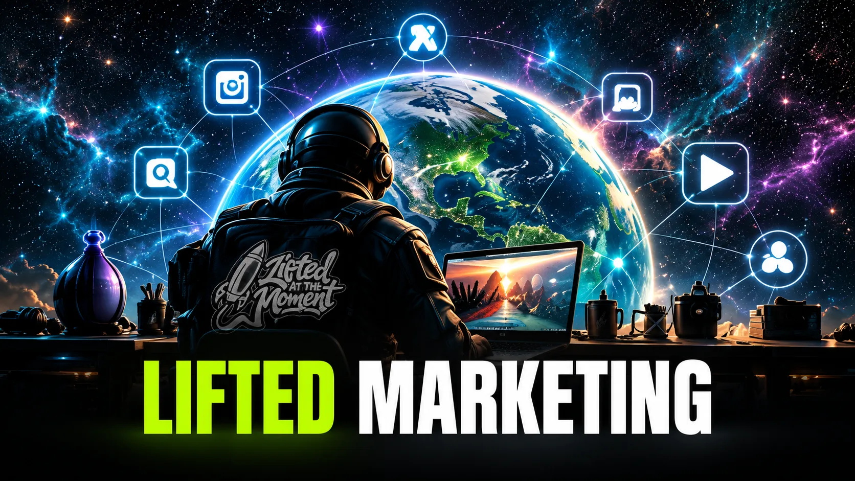 Lifted Marketing — astronaut creator at a desk connected to social platforms around the globe